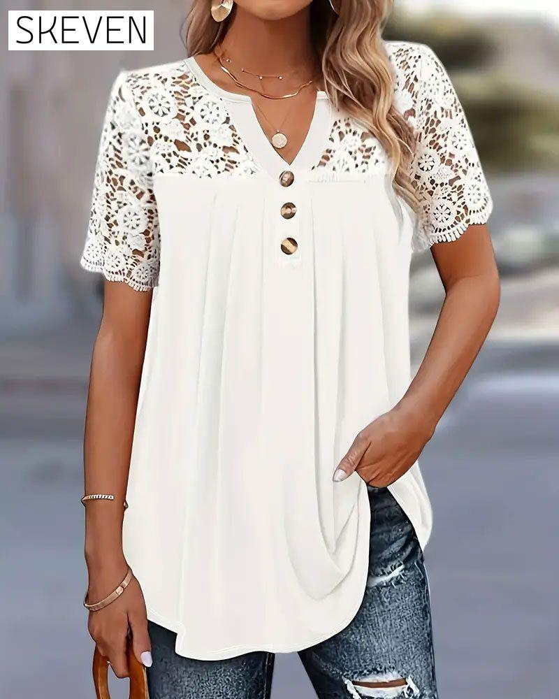 T-shirt plissé patchwork en dentelle ajourée