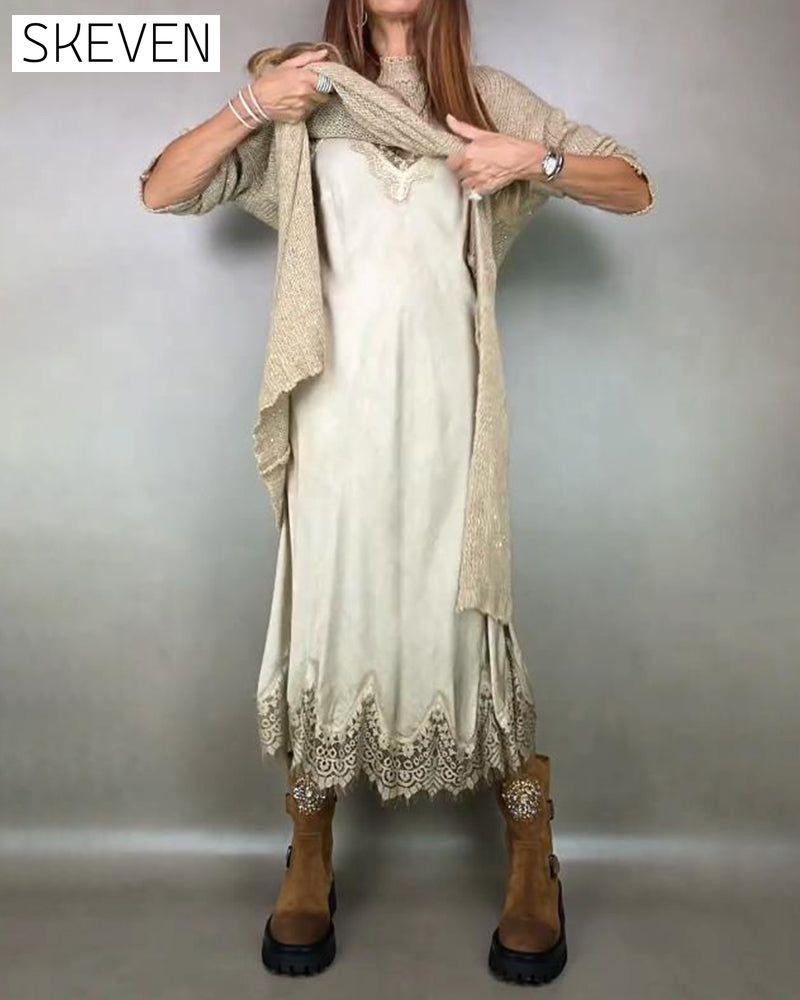 Ensemble deux pièces robe en maille et robe à bretelles fines en dentelle