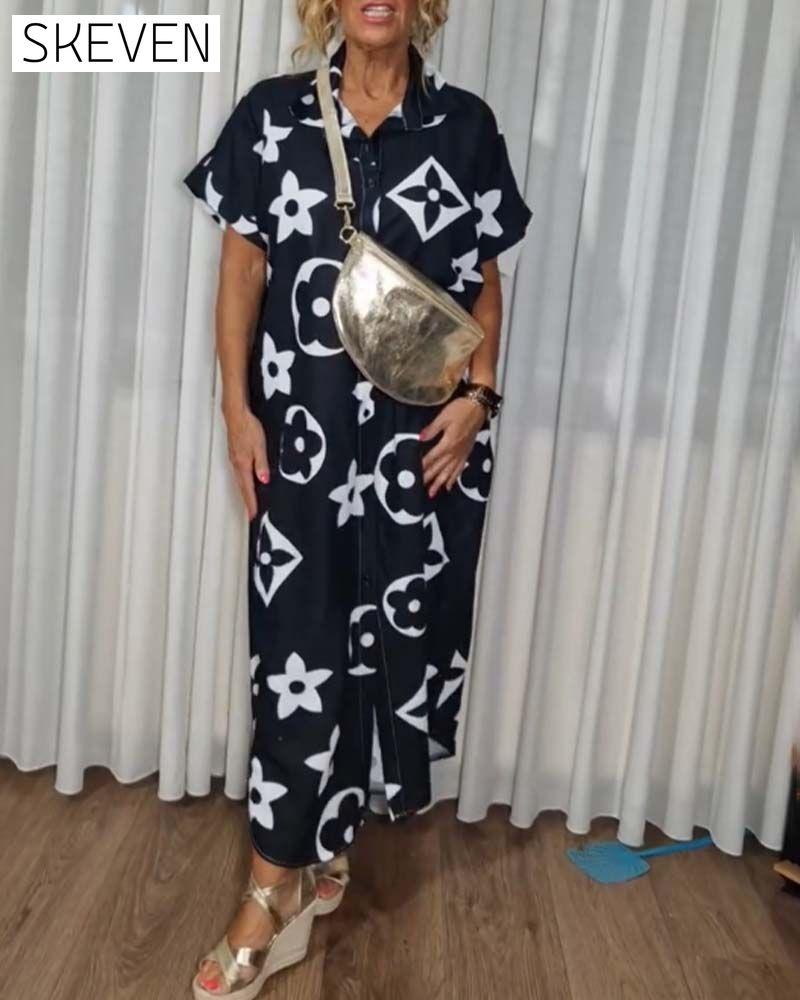 Contrast print lapel button casual dress