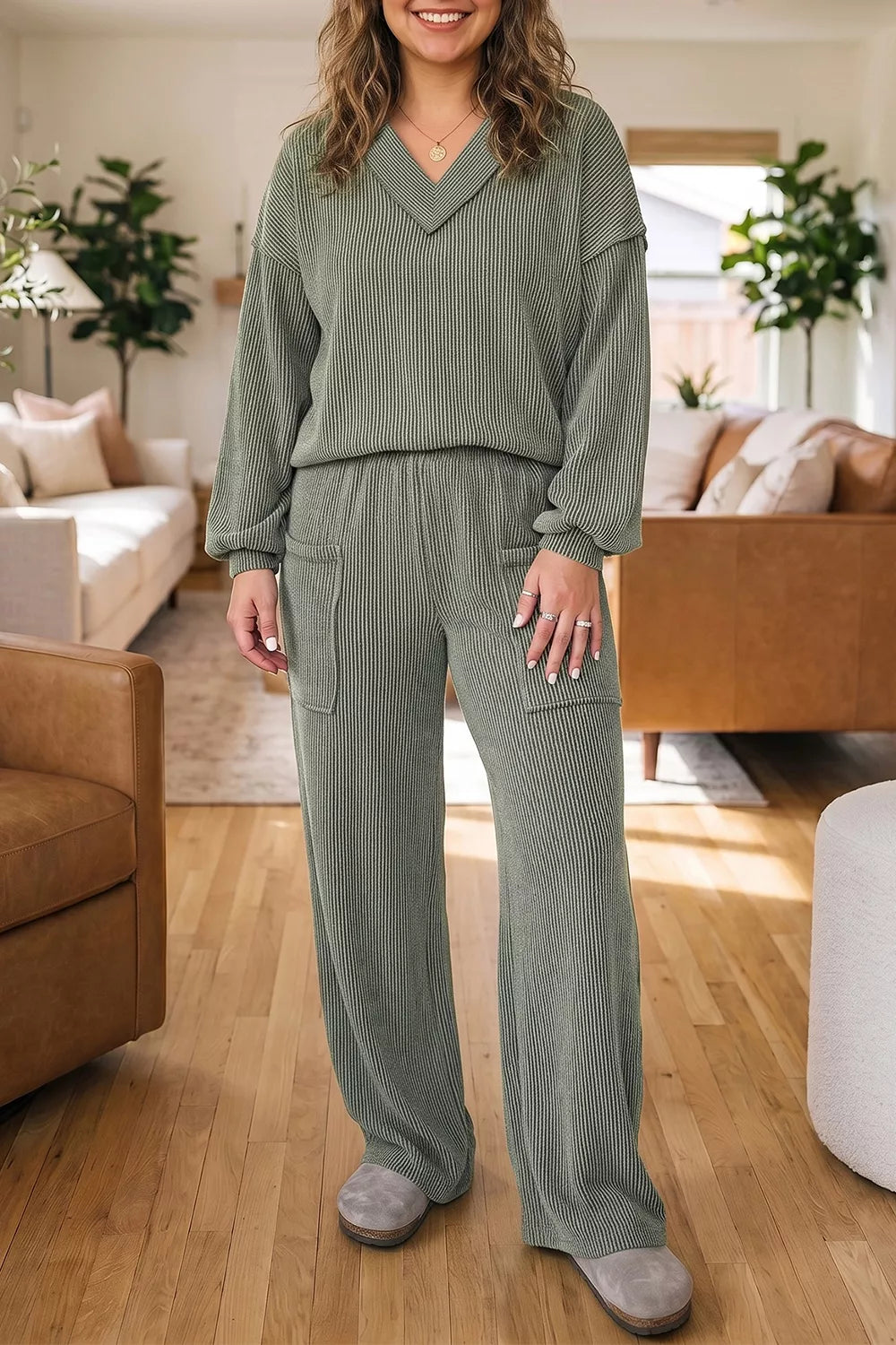 Plus Size Twisted Ribbed Exposed Seam Detail V Neck Top and Pants Set