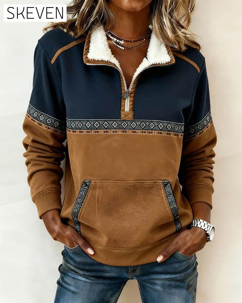 Retro-Sweatshirt mit farblich abgesetztem Pelzkragen