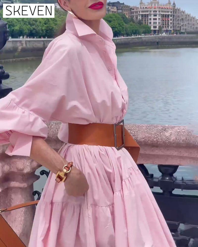 Solid color lapel wide swing dress 202466 casual dresses spring summer