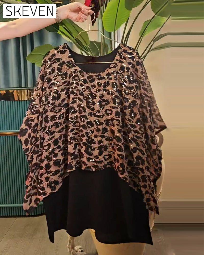 Leopard Print Sequined Batwing Sleeve T-Shirt