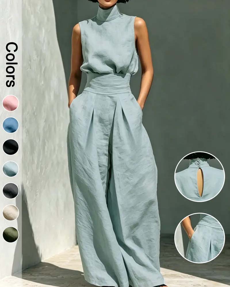 High Neck Sleeveless Wide Leg Waist Jumpsuit