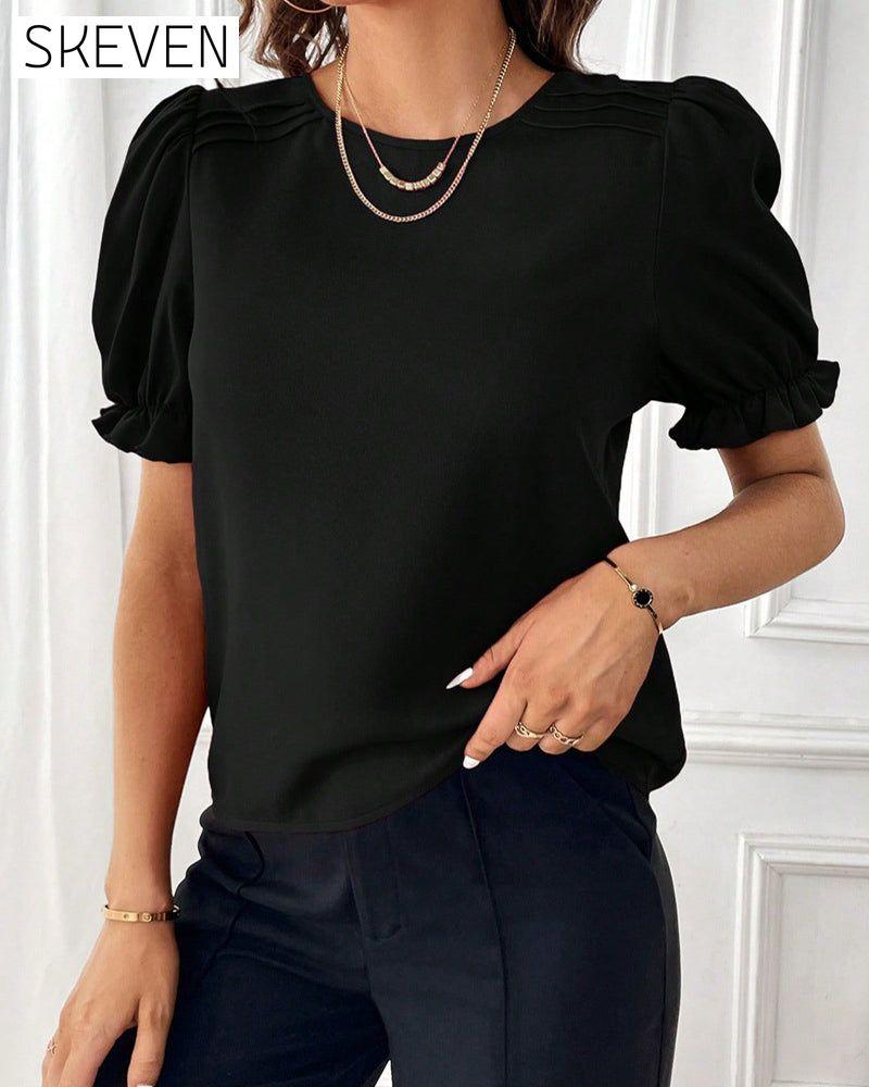 Solid Color Crew Neck Blouse