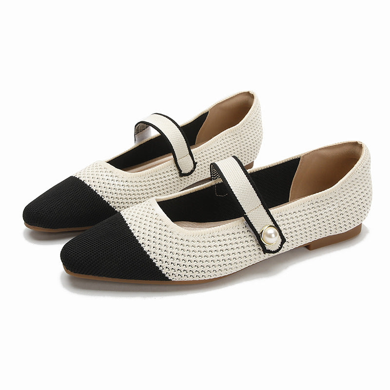 Mary Jane Japanese-style Womens Knit Ballet Flats With A Single Strap And A Square Toe