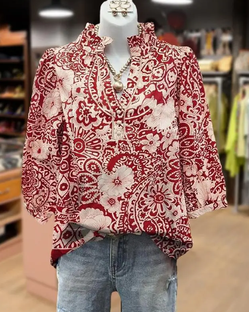 Paisley Floral Print Mandarin Collar Blouse