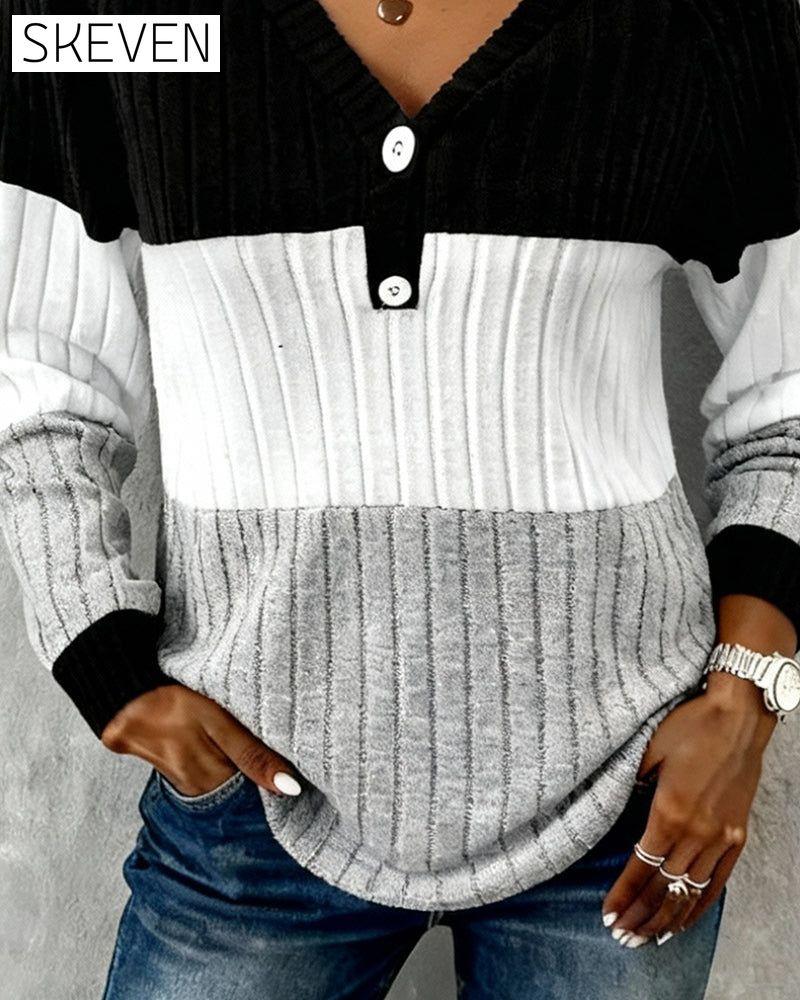 V-Neck Striped Color-Blocked Top