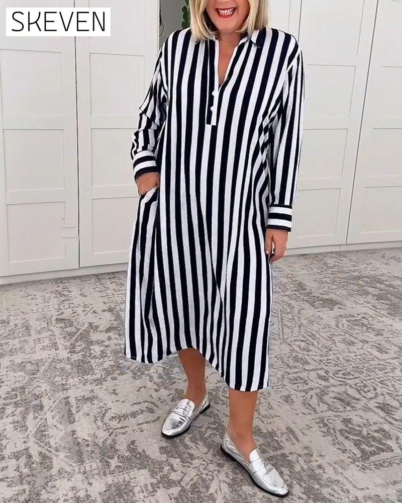 Kleid mit Revers, Streifen und Tasche