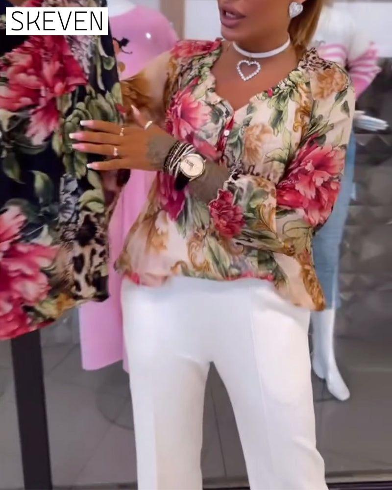 V-Neck Floral Print Blouse