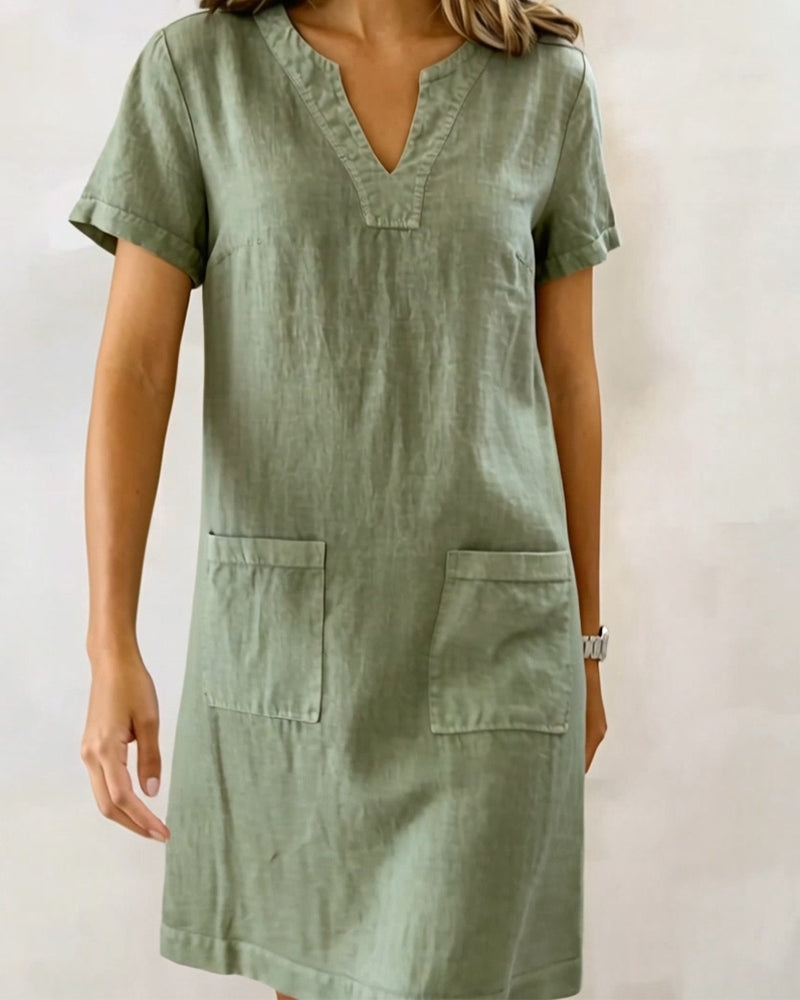 Small V-Neck Pocket Shift Dress