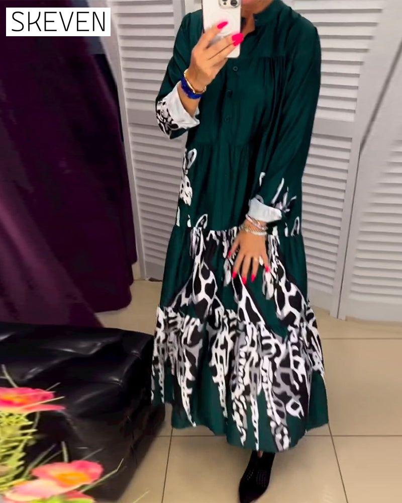 Printed button casual long dress