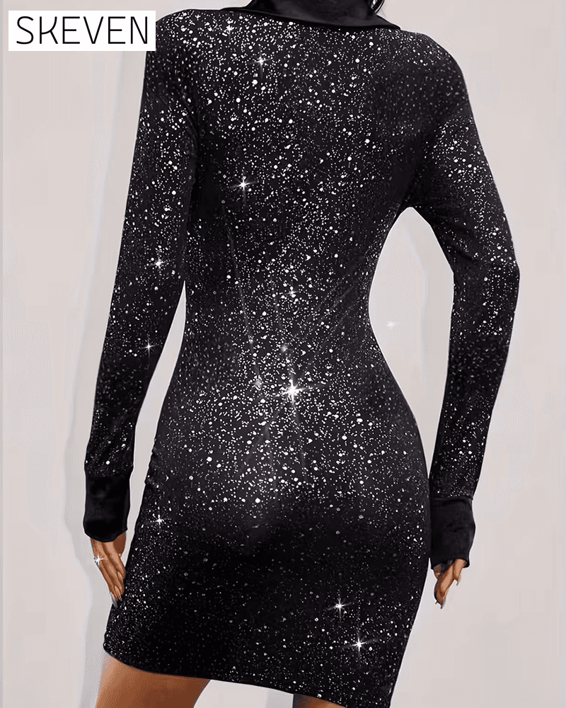 Pailletten-Patchwork-Partykleid mit Anzugkragen