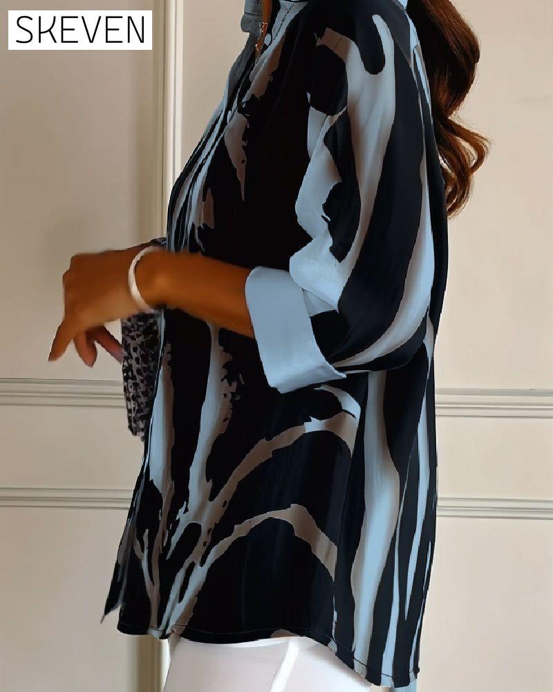 Stand Collar Irregular Printed Blouse