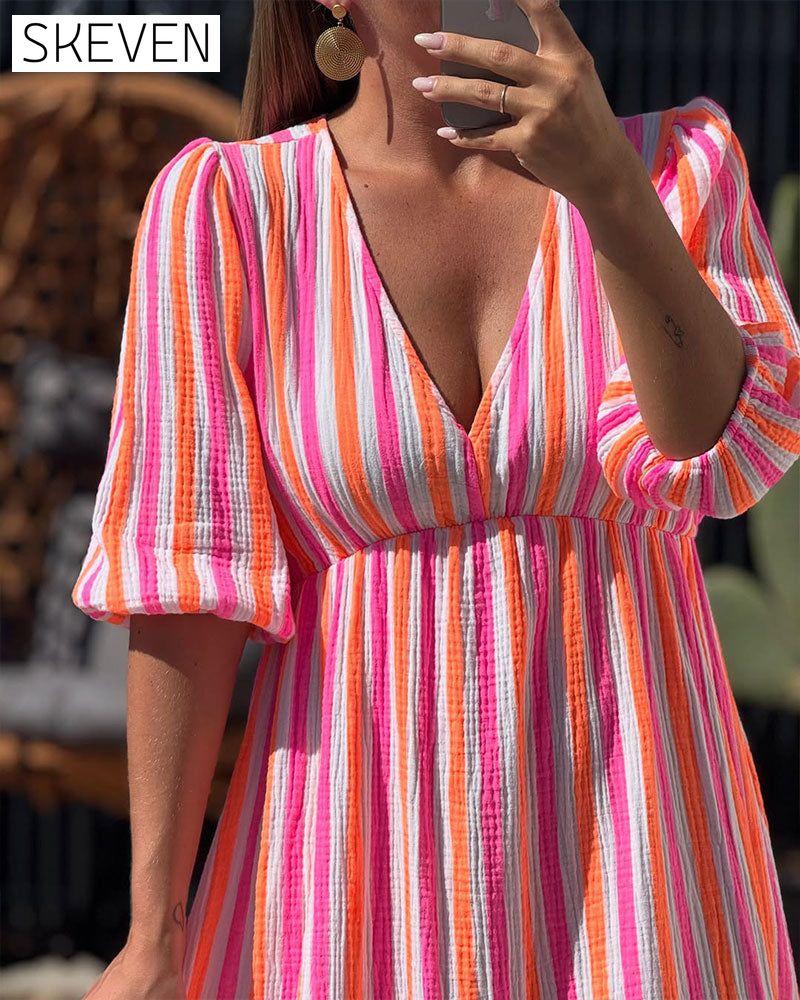 V-Neck Striped A-Line Dress