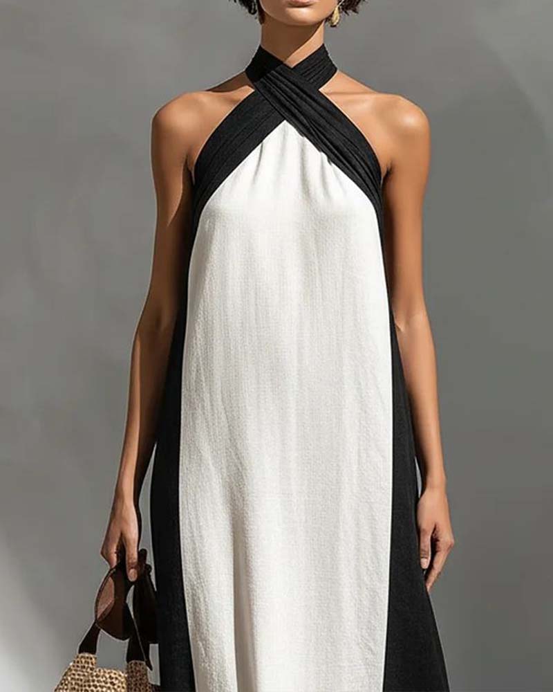 Cross Neck Contrast Color Chic Dress