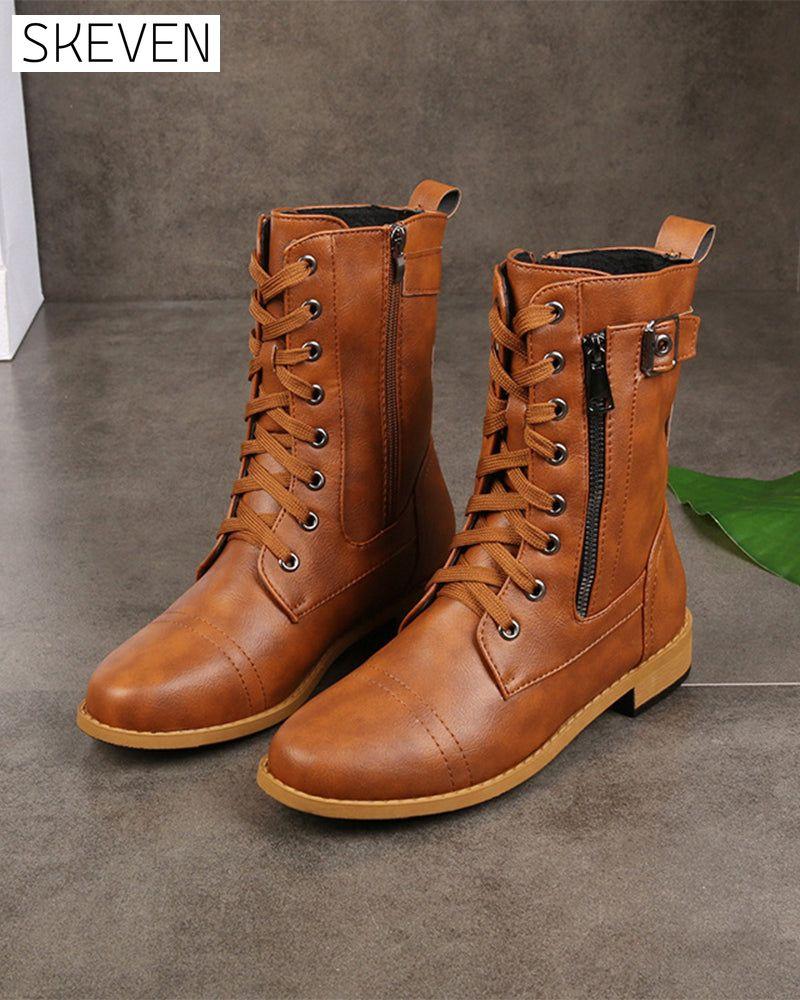 Women's Round Toe Side Zipper Leather Orthopedic Boots