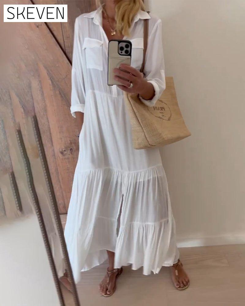 Lapel solid color patchwork casual dress