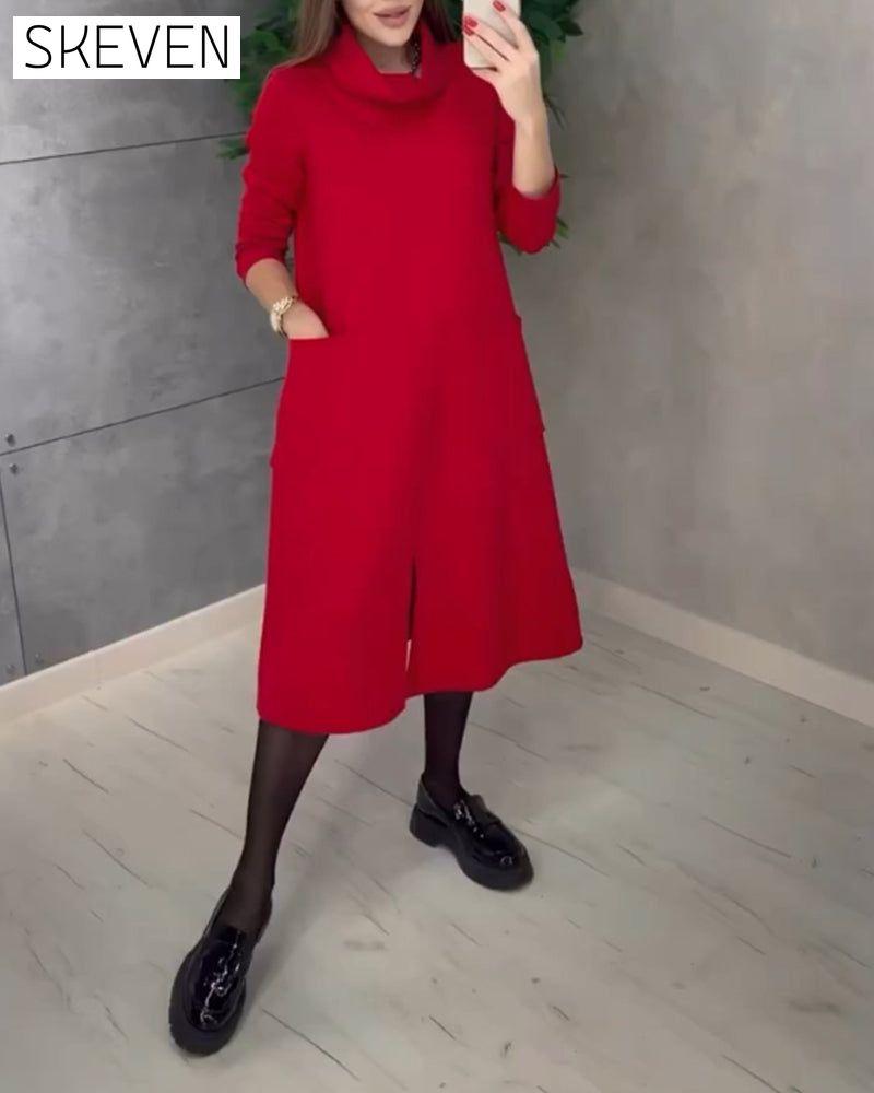 Solid color turtleneck pocket dress