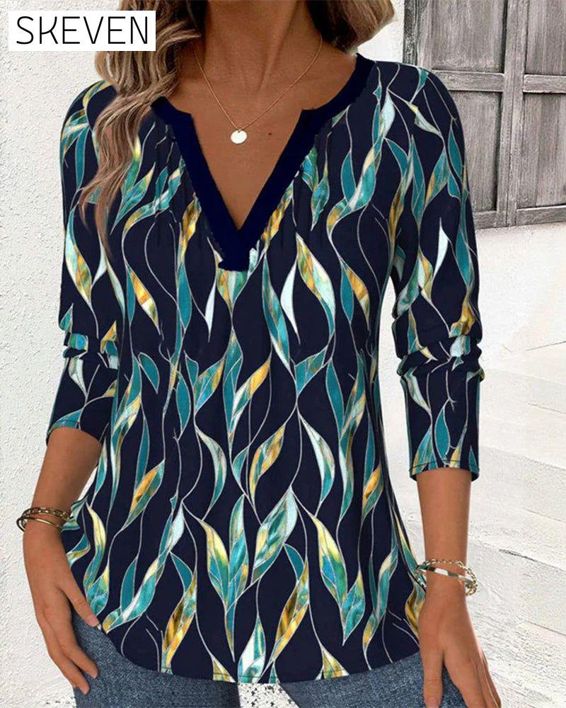 Casual Leaf Print V-Neck T-Shirt