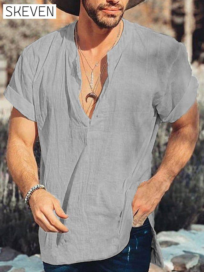 Men's Casual Solid Color Short Sleeve Shirt men s linens