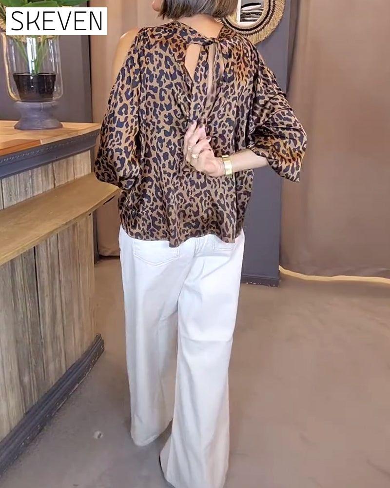 Bluse mit Leopardenmuster und Bindebändern, schulterfrei