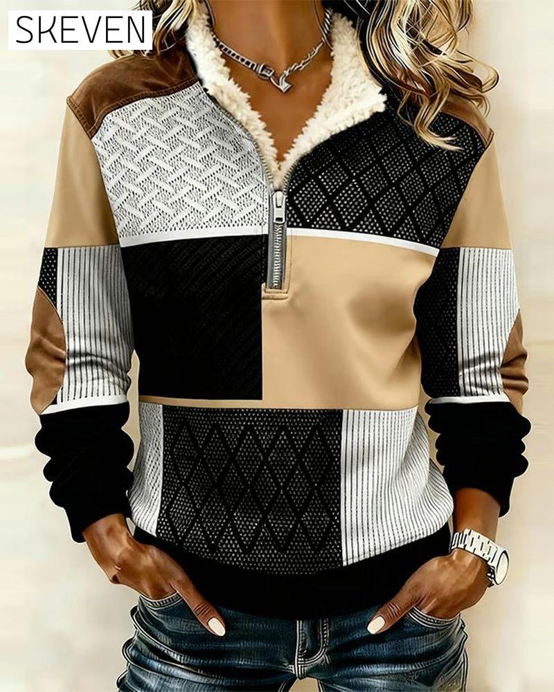 Sweatshirt mit halbem Reißverschluss, Fleecefutter und Farbblock-Design