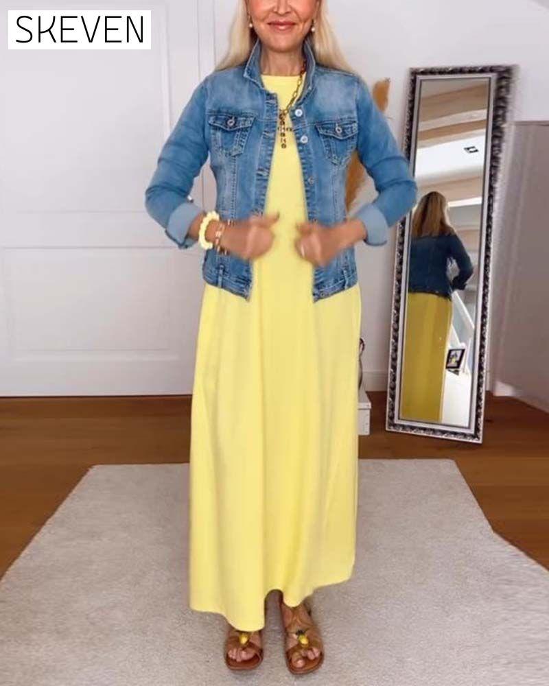 Lässiges, einfarbiges Kleid mit Rundhalsausschnitt und geradem Schnitt