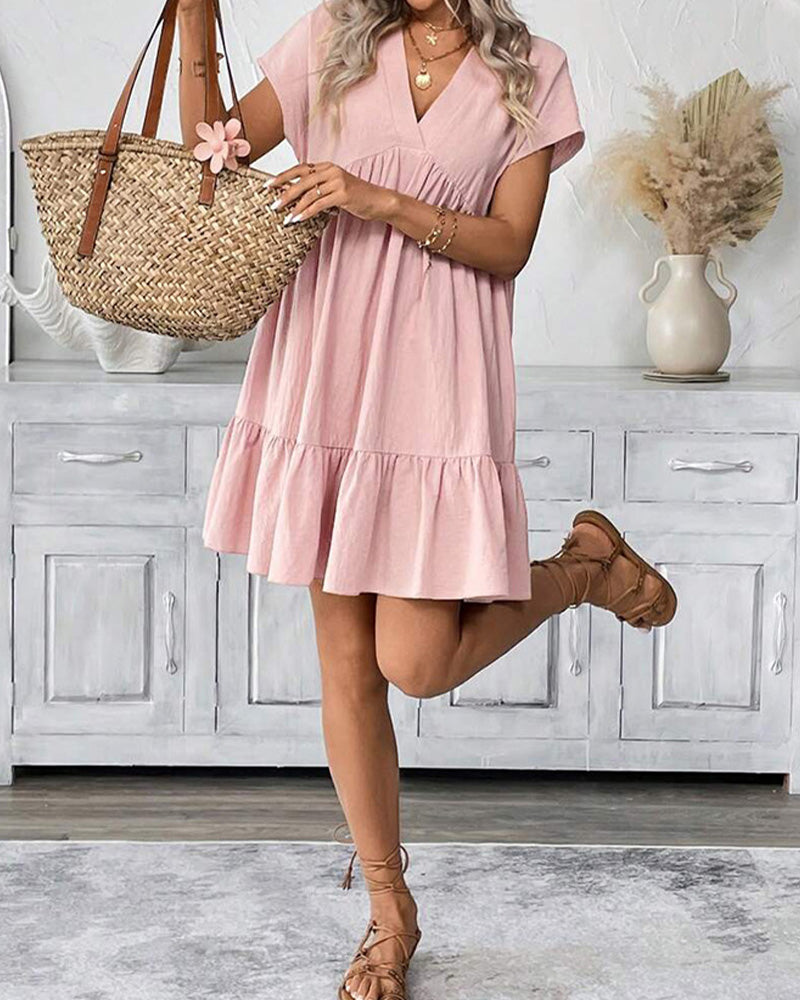 Solid V-Neck Ruffle-Trim Dress