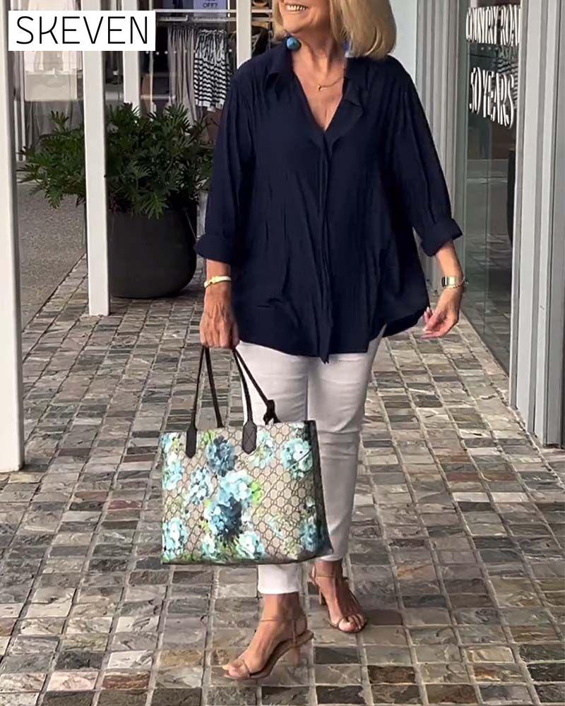 Lapel solid color loose blouse