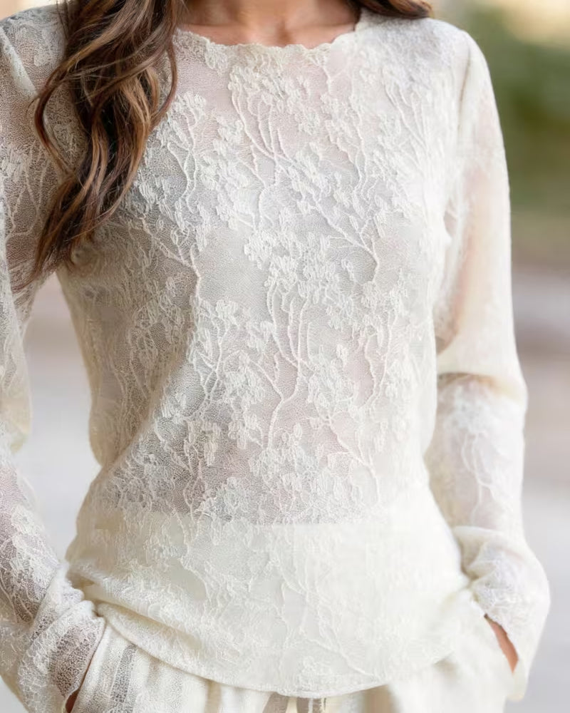 Round Neck Lace Sheer Fitted Blouse