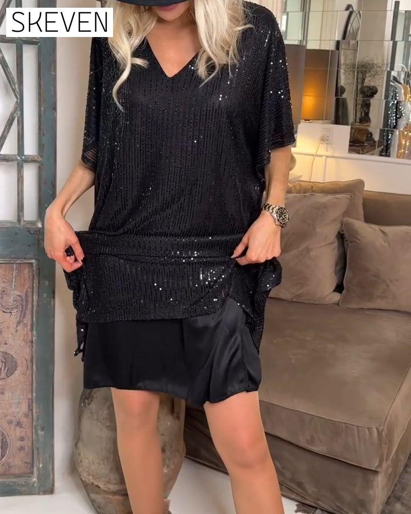 Paillettenbesetztes Freizeitkleid mit V-Ausschnitt