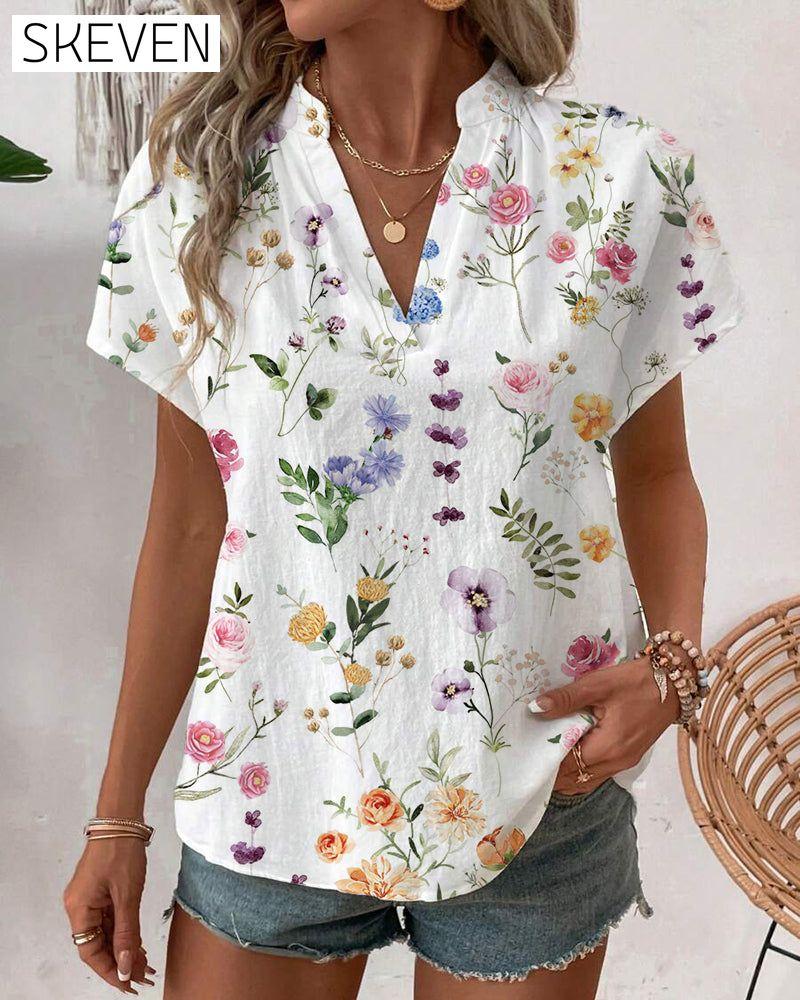 Floral Print Short-Sleeved Blouse