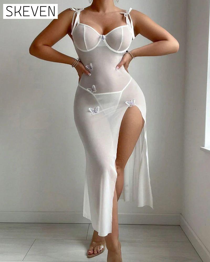 Trägerkleid mit hohem Schlitz und Schmetterlingsmuster aus Mesh