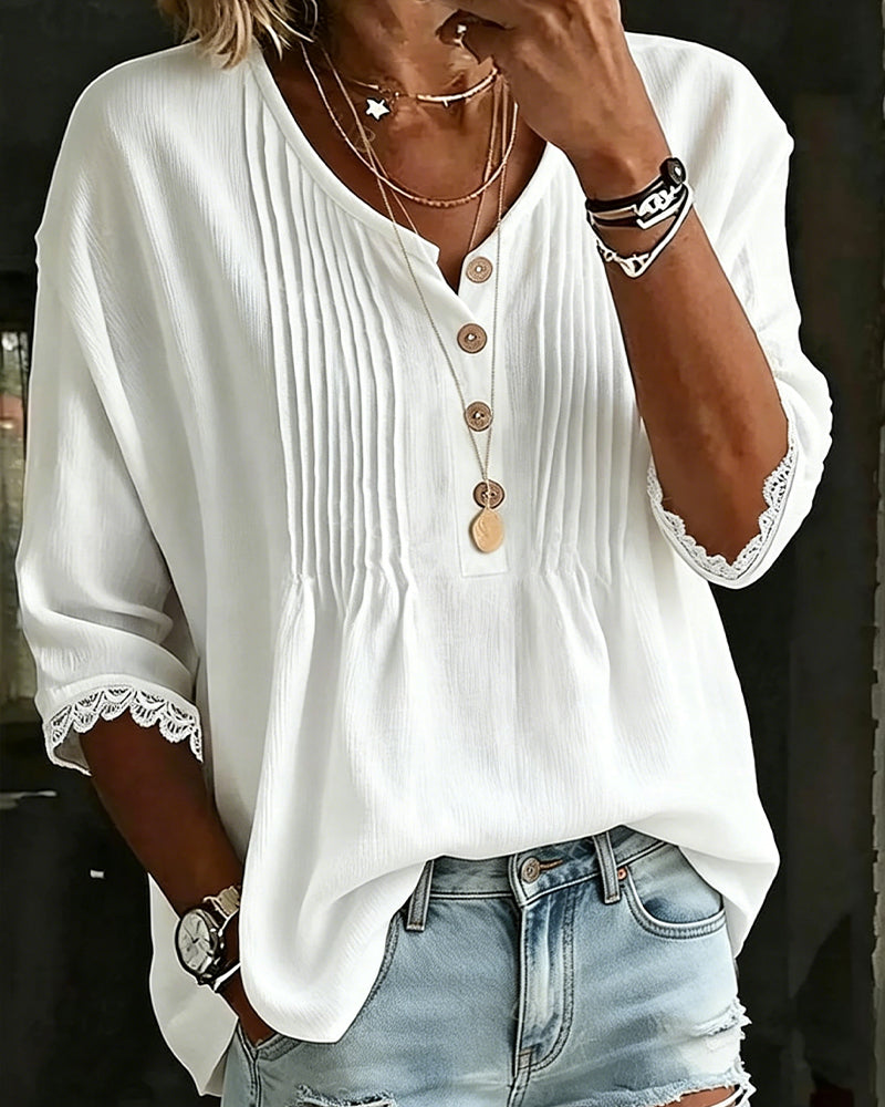 Pleated Button Lace Trim Blouse