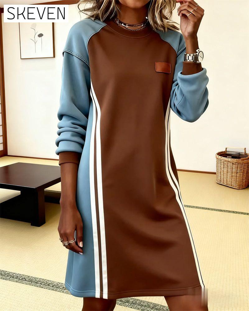 Long-Sleeved Color Block Round Neck Straight Dress