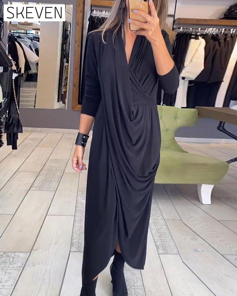 Elegant pleated solid color dress Black 2023 f/w 23BF casual dresses Clothes Dresses spring
