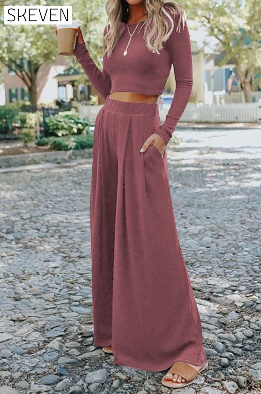 Solid Color Ribbed Crop Top Long Pants Set 2 piece Best Sellers bottoms clothes crop top EDM Monthly Recomend Fabric Ribbed long pants set Occasion Daily Print Solid Color Season Winter set sets shirts Silhouette Wide Leg Style Casual