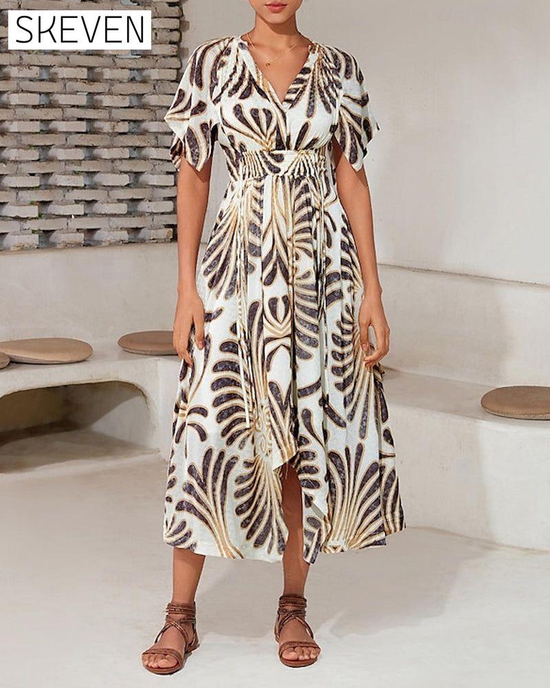 Printed V-neck irregular elegant dress