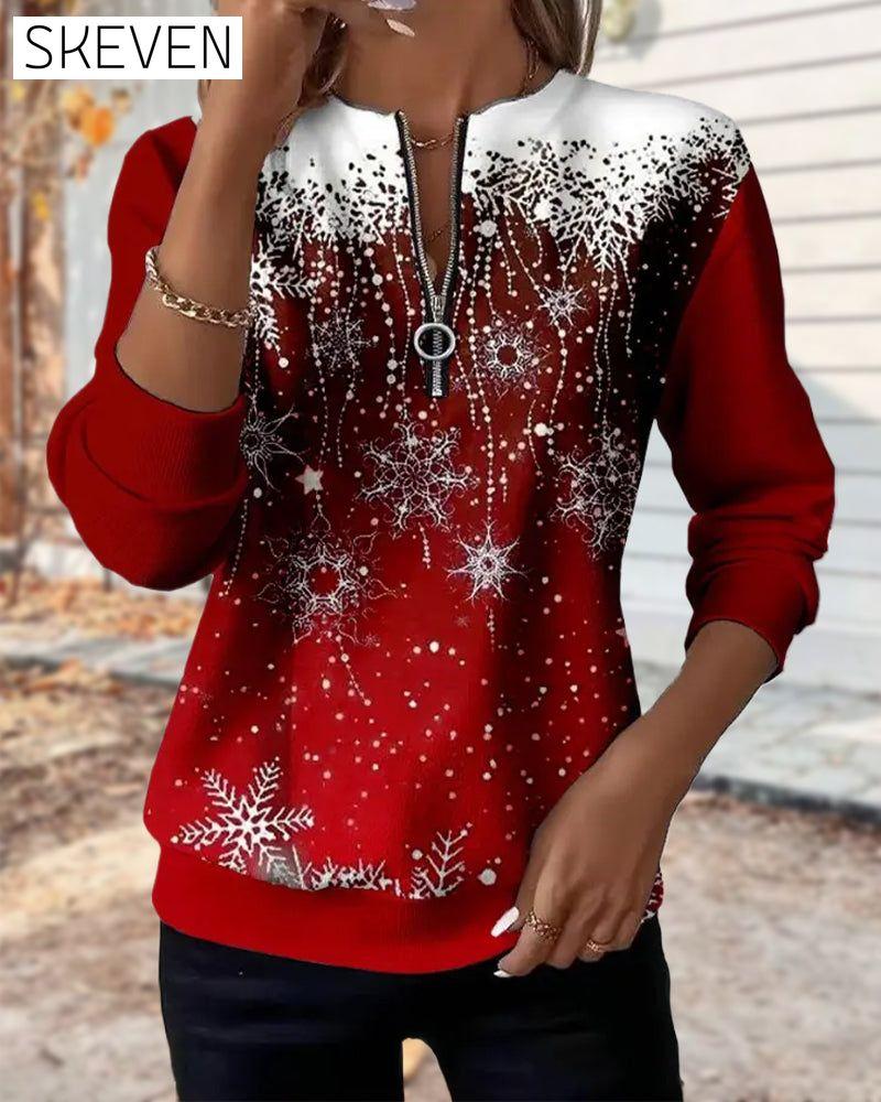 Half-Zip Snowflake Round Neck Sweatshirt