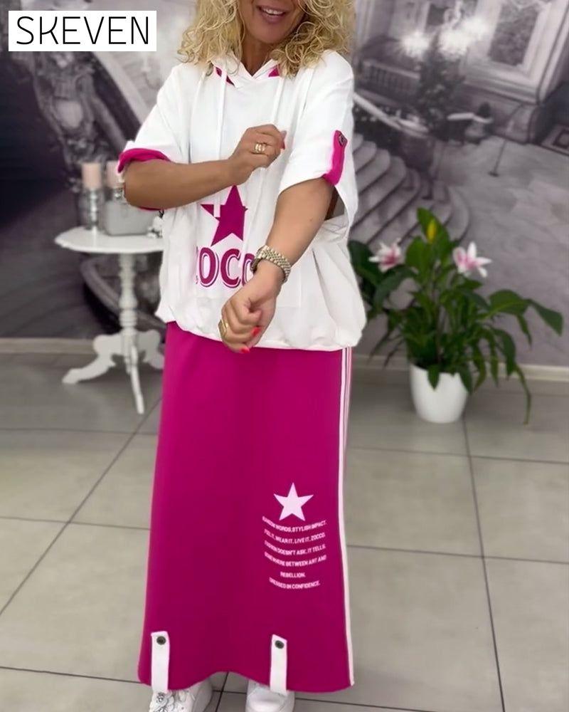 Hooded Drawstring Printed Skirt Set