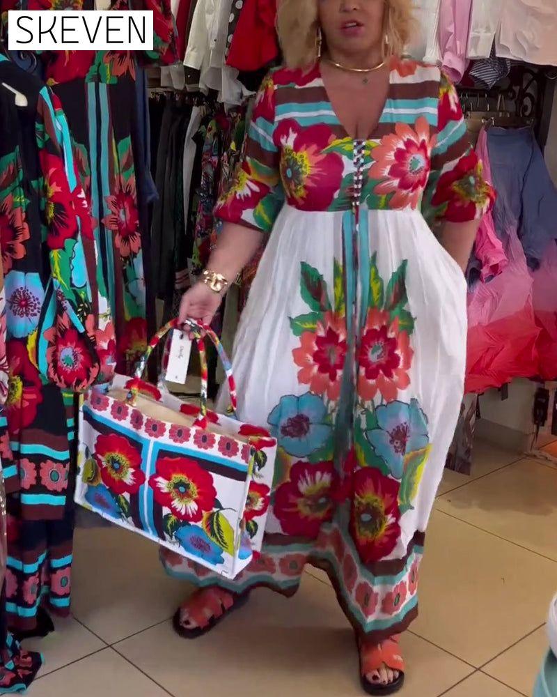 robe fleurie décontractée à décolleté en V profond
