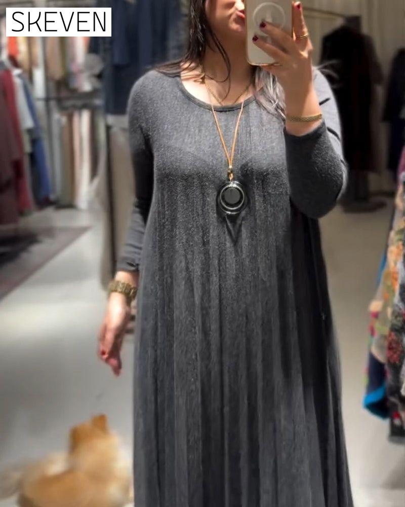 Round Neck Pleated Loose Long Dress