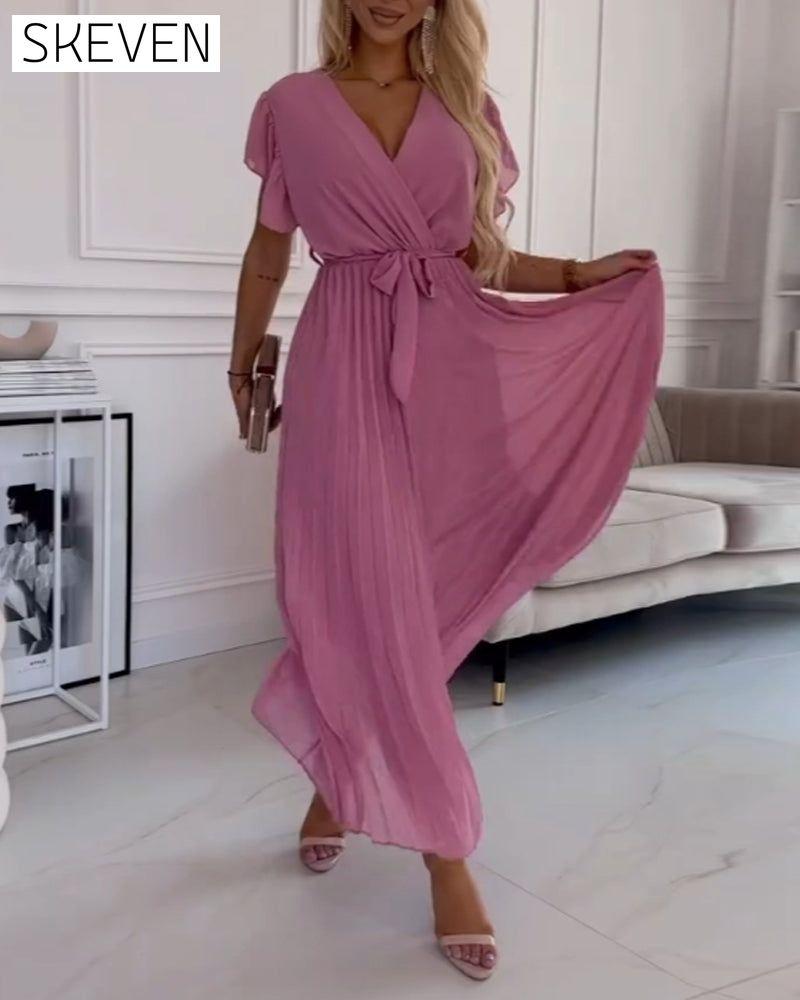 Solid color ruffled sleeves V-neck elegant dress Pink casual dresses summer