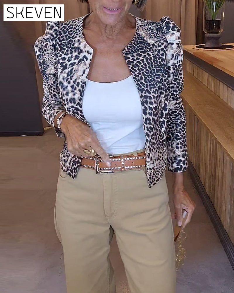 Leopard print puff sleeve casual jacket
