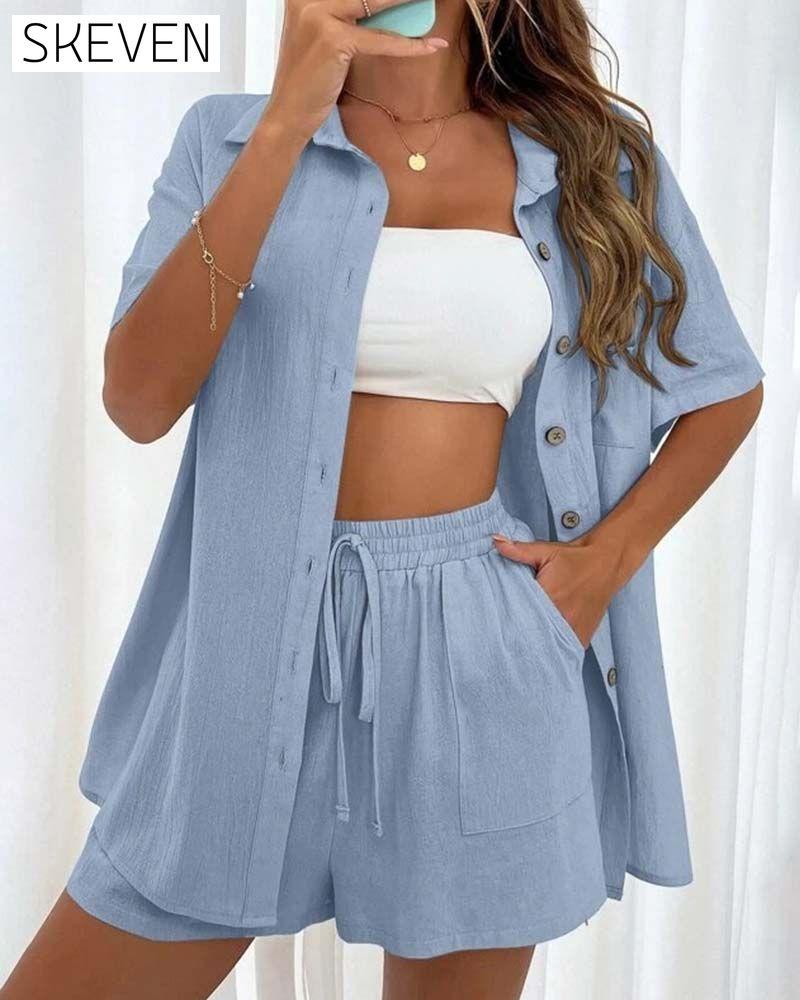 Lässiges einfarbiges Hemd- und Shorts-Set