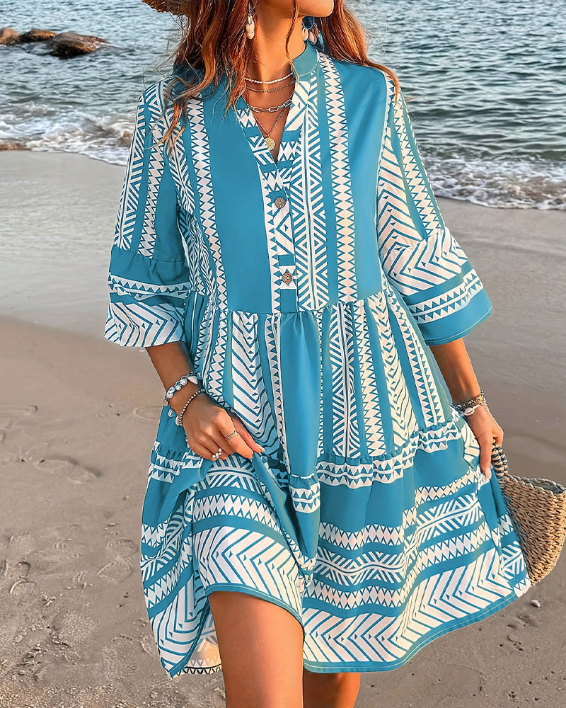 Stand Collar Geometric Print Dress