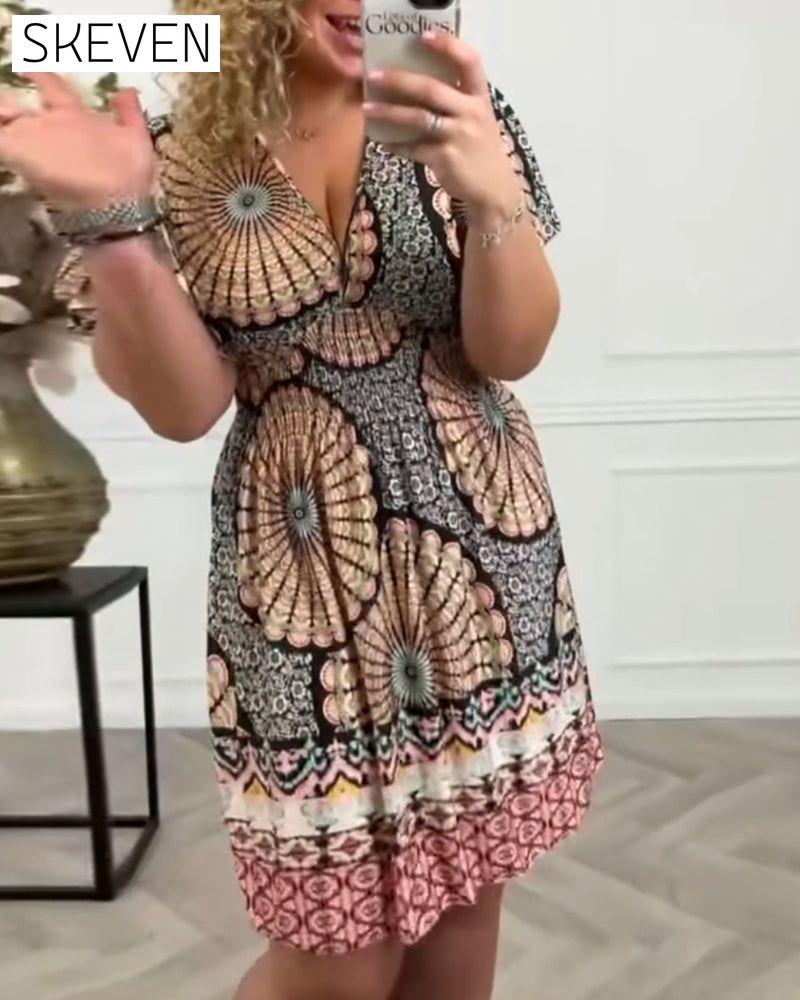 Deep V printed resort dress boho dresses summer