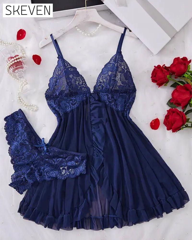 Ladies' Sexy Ruffle Trim Lace Cami Nightdress & Bow Decor Panty Set