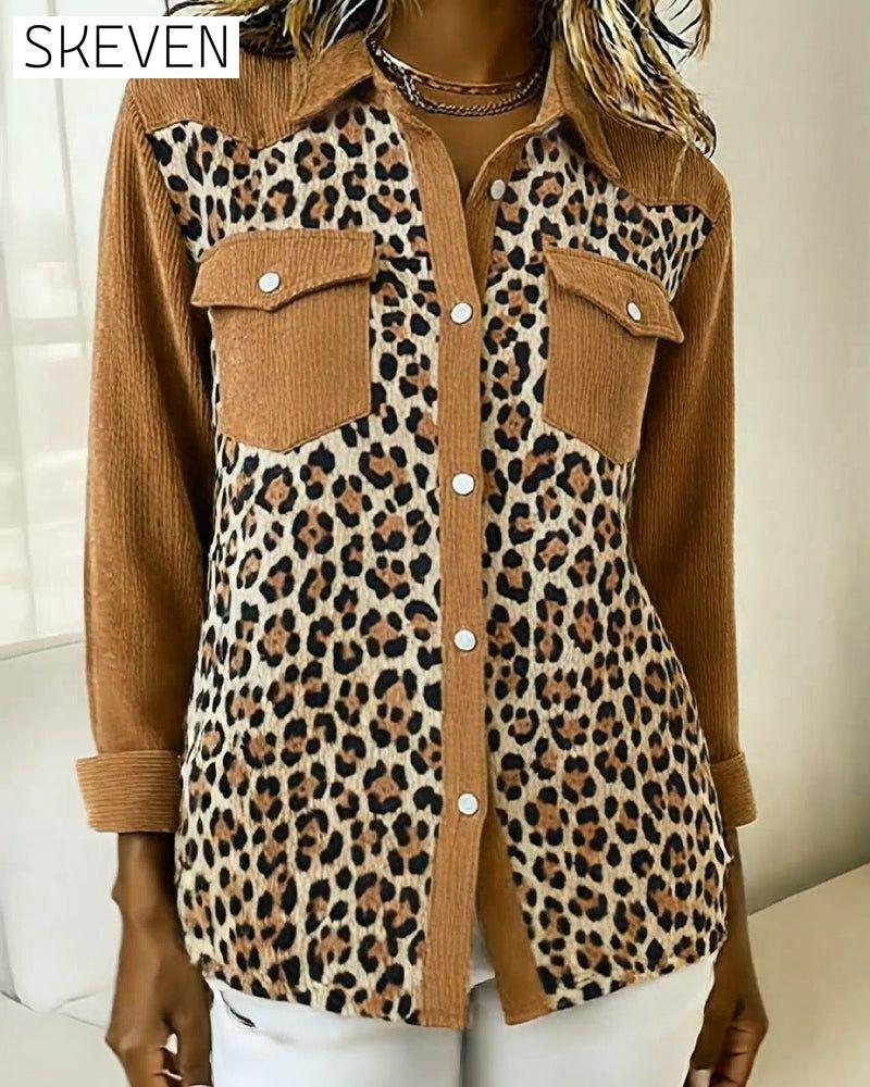 Long-Sleeved Leopard Print Patchwork Shirt